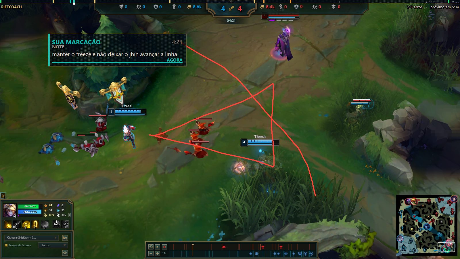 O mesmo replay com traços vermelhos desenhados à mão sobre a rota, e um cartão SUA MARCAÇÃO às 4:21 com a nota: manter o freeze e não deixar o Jhin avançar a linha.